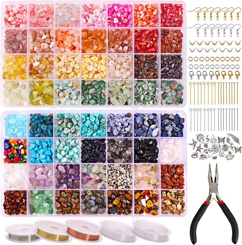 QUEFE 1800pcs 56 Colors Crystal Beads, Ring Making Kit, Gemstone Chip Beads Irregular Natural Stone with Jewelry Making Supplies for DIY Craft Bracelet Necklace Earrings, Craft Gifts - Image 1